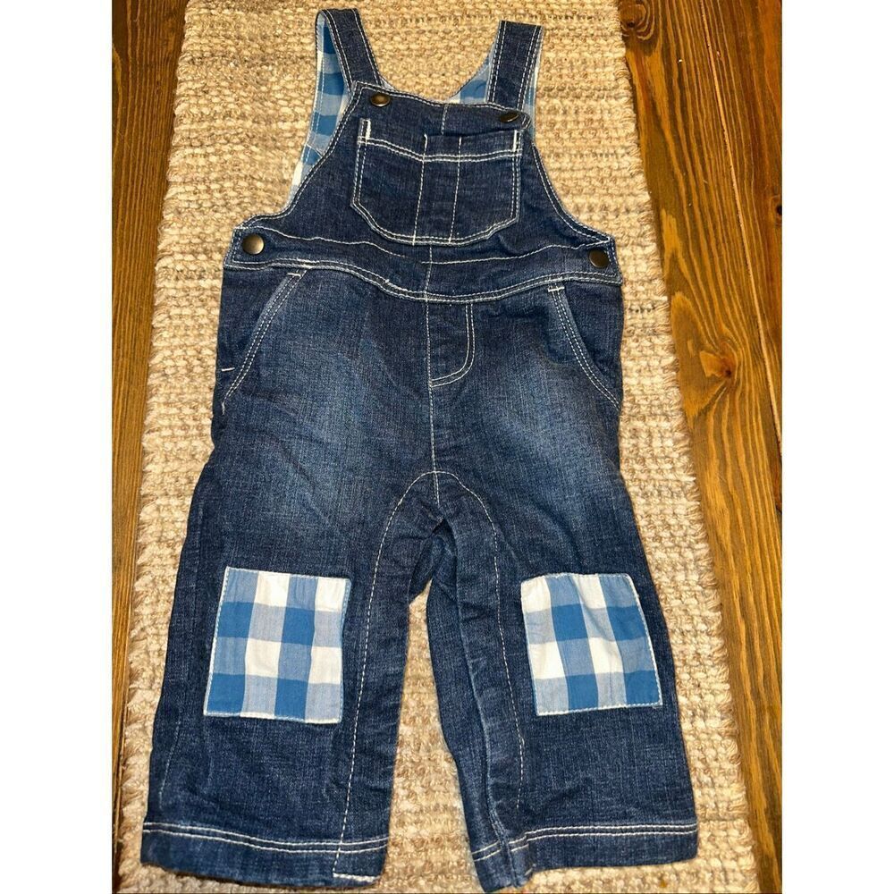 Hatley Baby 6 -9 month overalls blue buffalo plaid patches